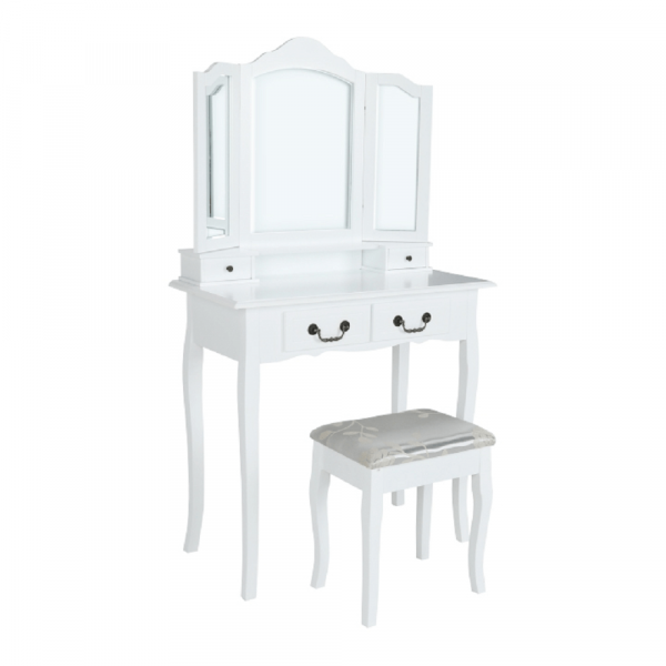 Toaletní stolek s taburetem, bílá/stříbrná, REGINA NEW