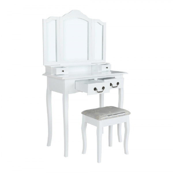 Toaletní stolek s taburetem, bílá/stříbrná, REGINA NEW