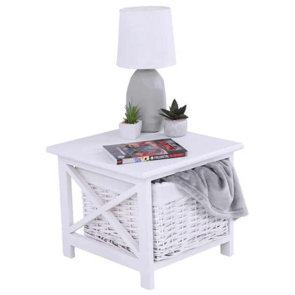Noční stolek, dřevo / proutí/látka, bílá, Rafaello