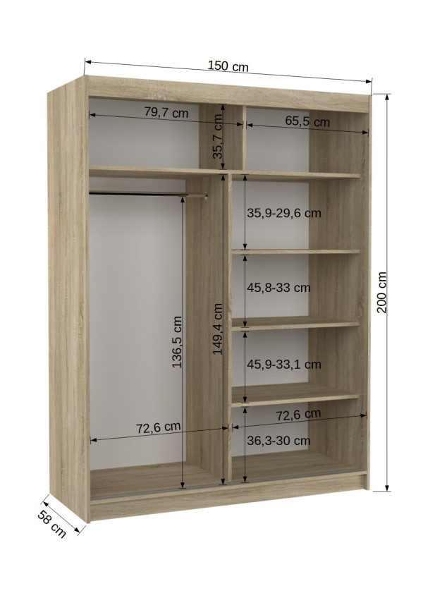 Posuvná skříň se zrcadlem a osvětlením LED ALEN 150