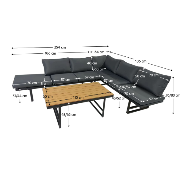 Zahradní set, černá/tmavě šedá/přírodní, ILARIA